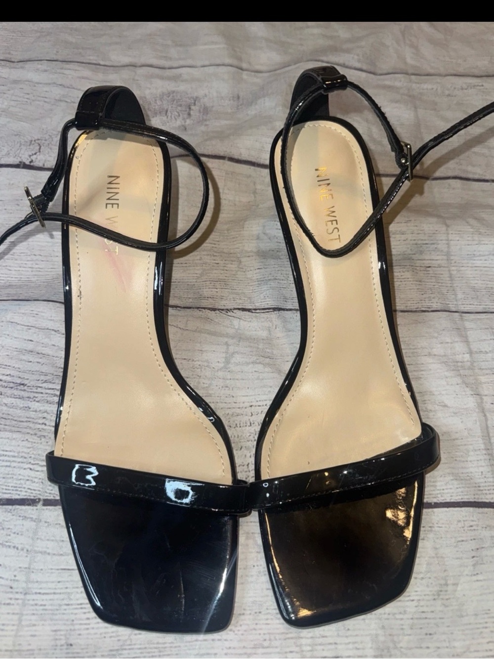 Nine West Black Patent Leather Open Toe Heels 9 Strappy